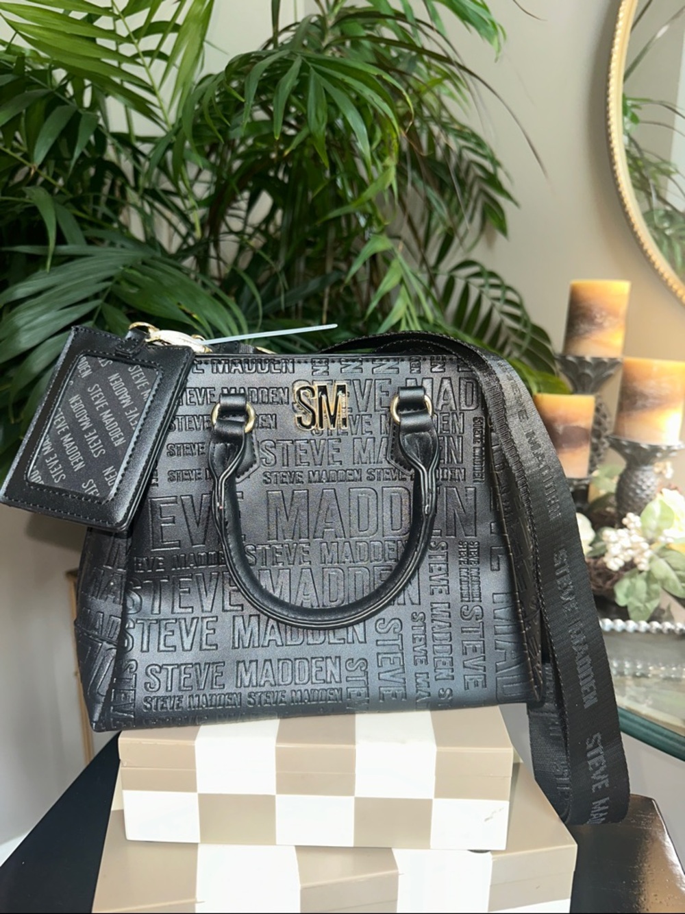 Steve Madden Black Logo-Embossed Dome Crossbody with Gold SM Accent